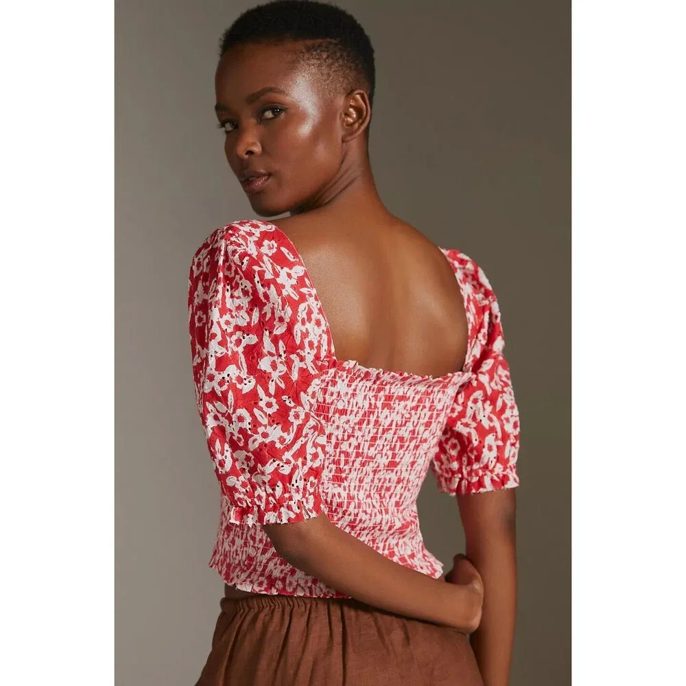 Anthropologie Smocked Eyelet Blouse Cropped Top Floral Embroidered XXS 250151